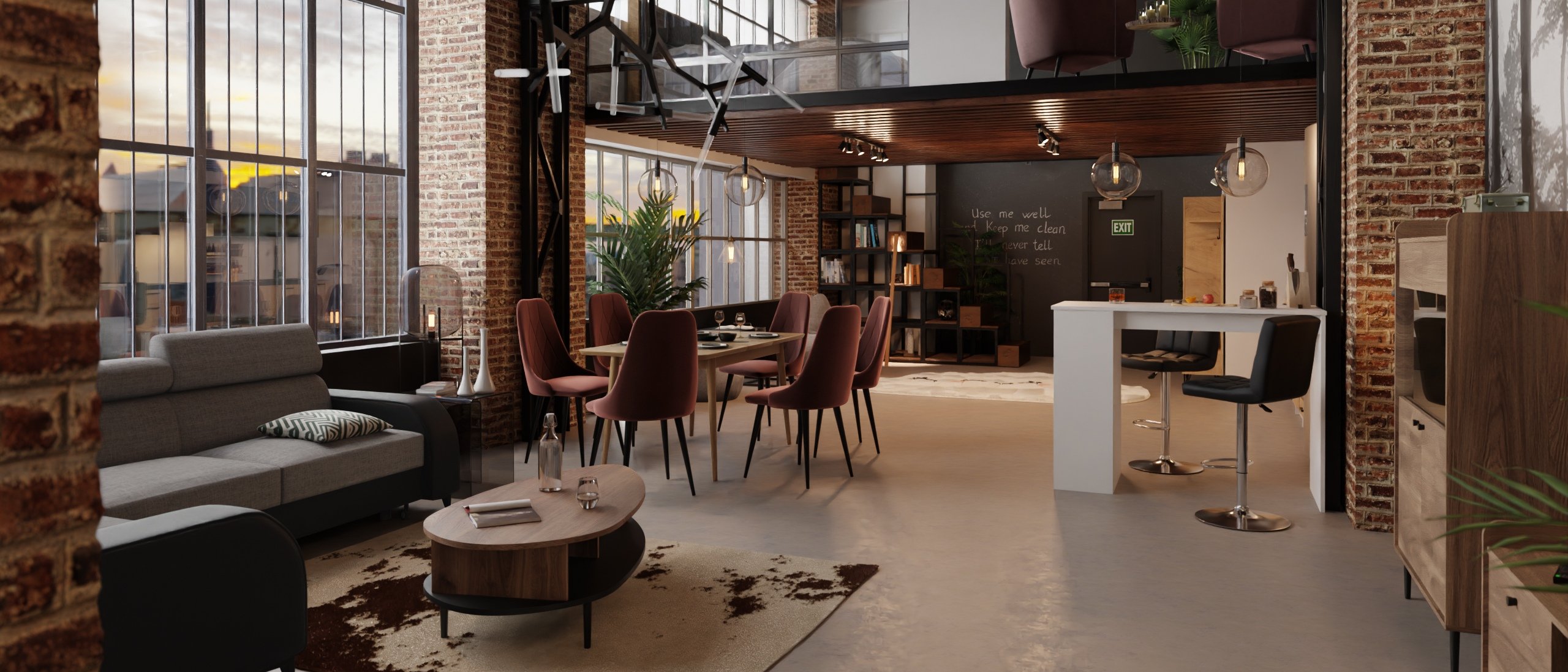 Salon z jadalnią w stylu loftowym