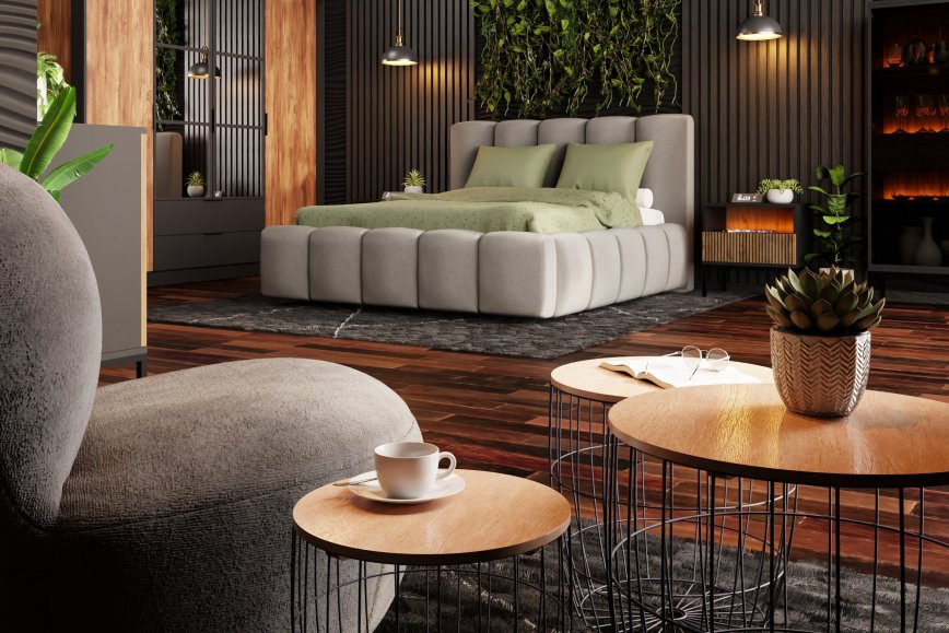 Ciemna sypialnia w stylu modern classic