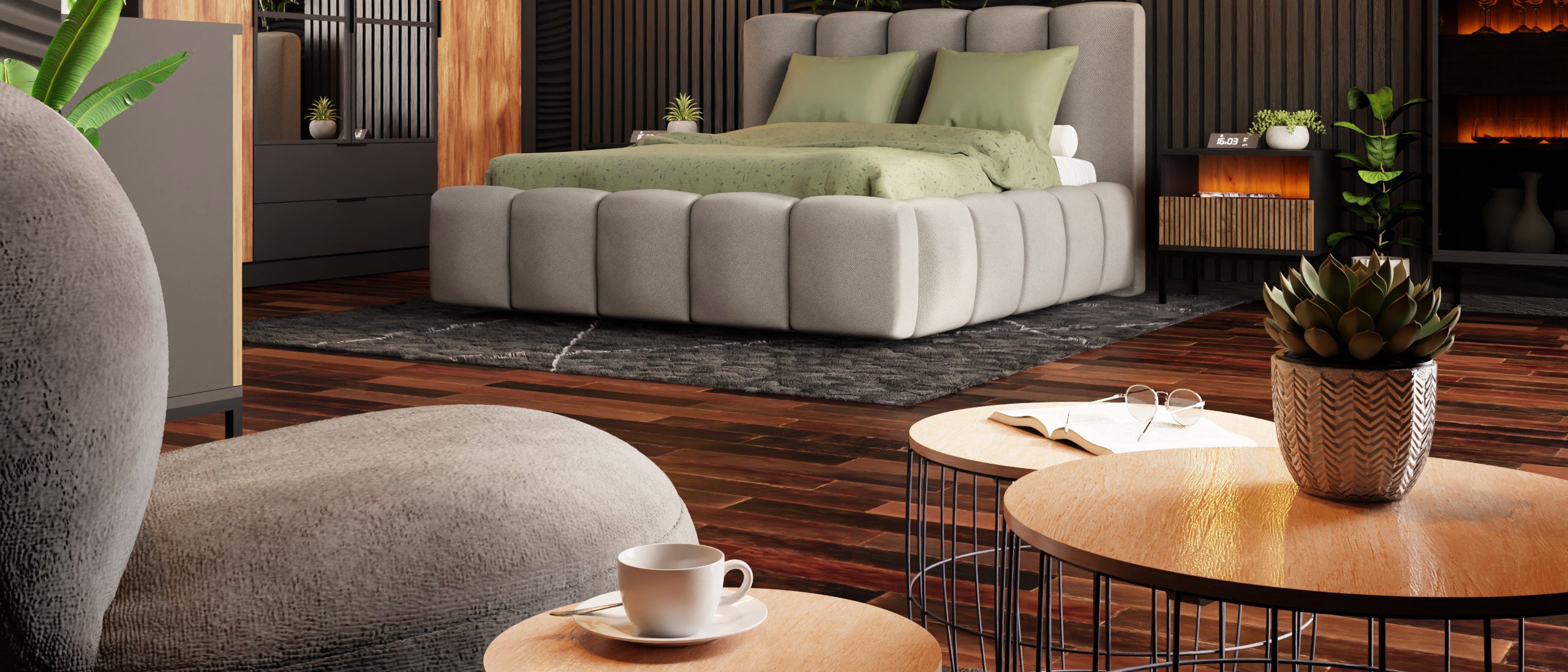 Ciemna sypialnia w stylu modern classic
