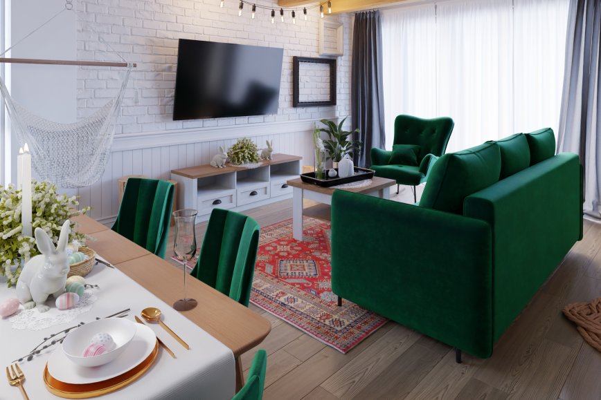 Salon z jadalnią w wielkanocnym klimacie