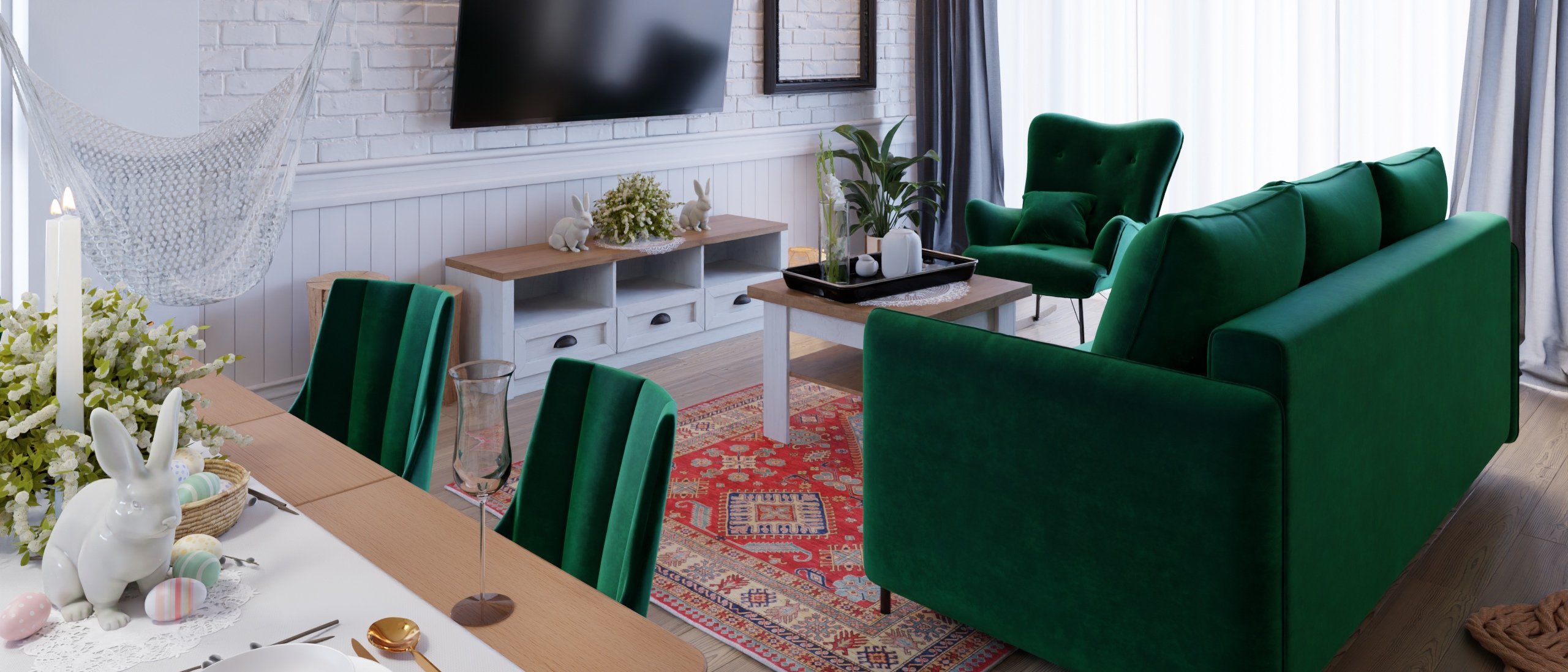 Salon z jadalnią w wielkanocnym klimacie