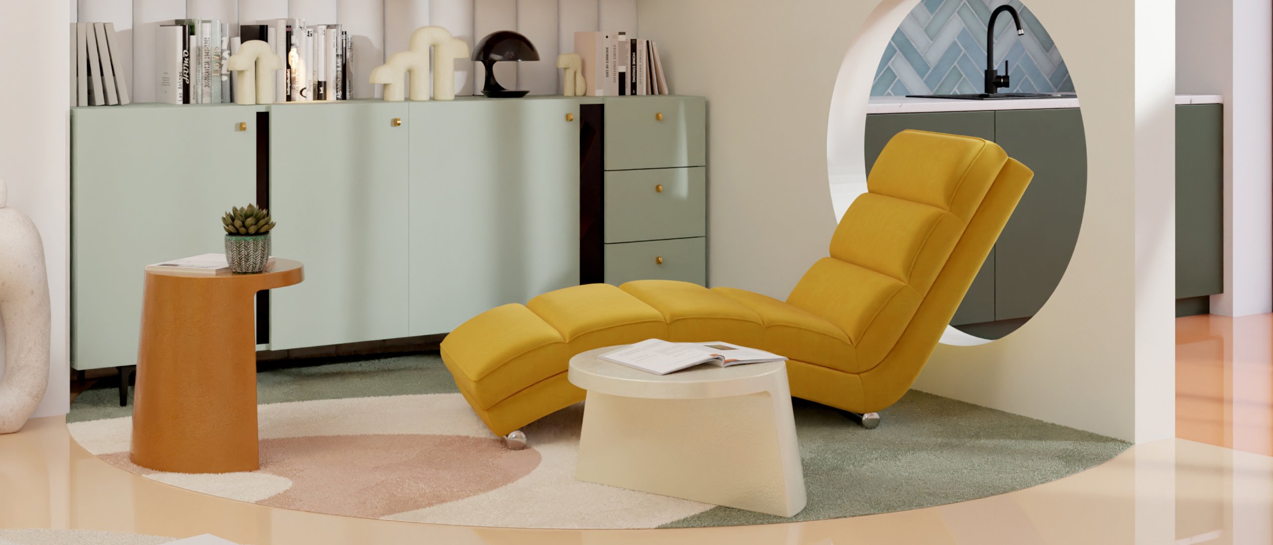  Salon z kącikiem czytelniczym w stylu Memphis